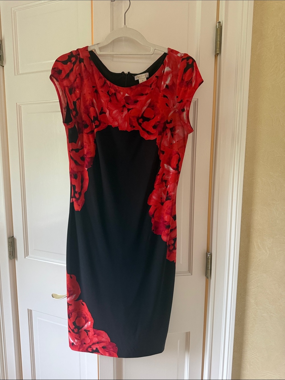Cache Black Midi Sheath Dress with Red Floral Print